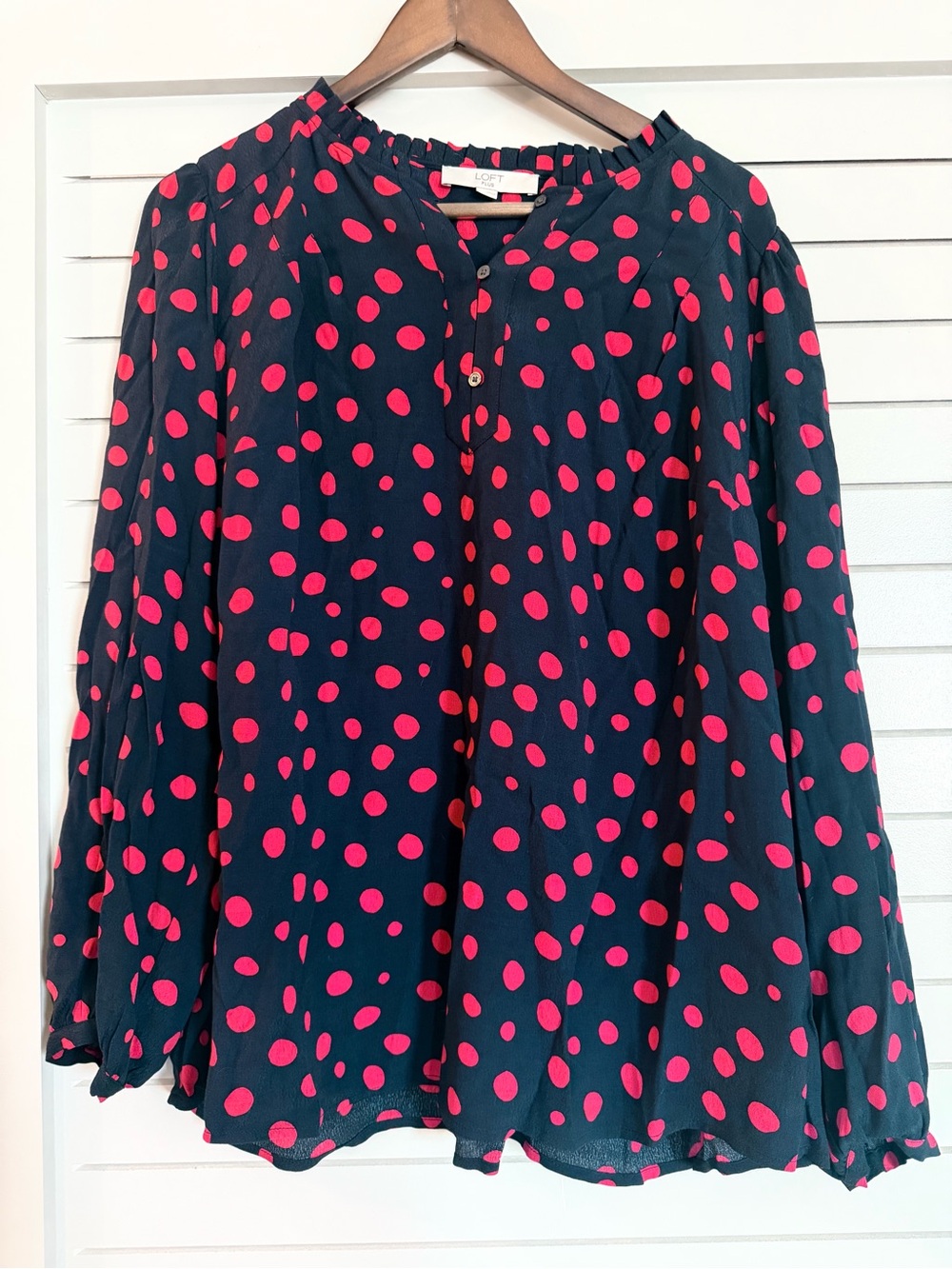 LOFT Navy Blouse with Hot Pink Polka Dots